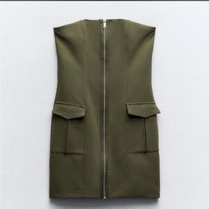 Zara Olive Green Strapless Mini Dress with Front Zipper